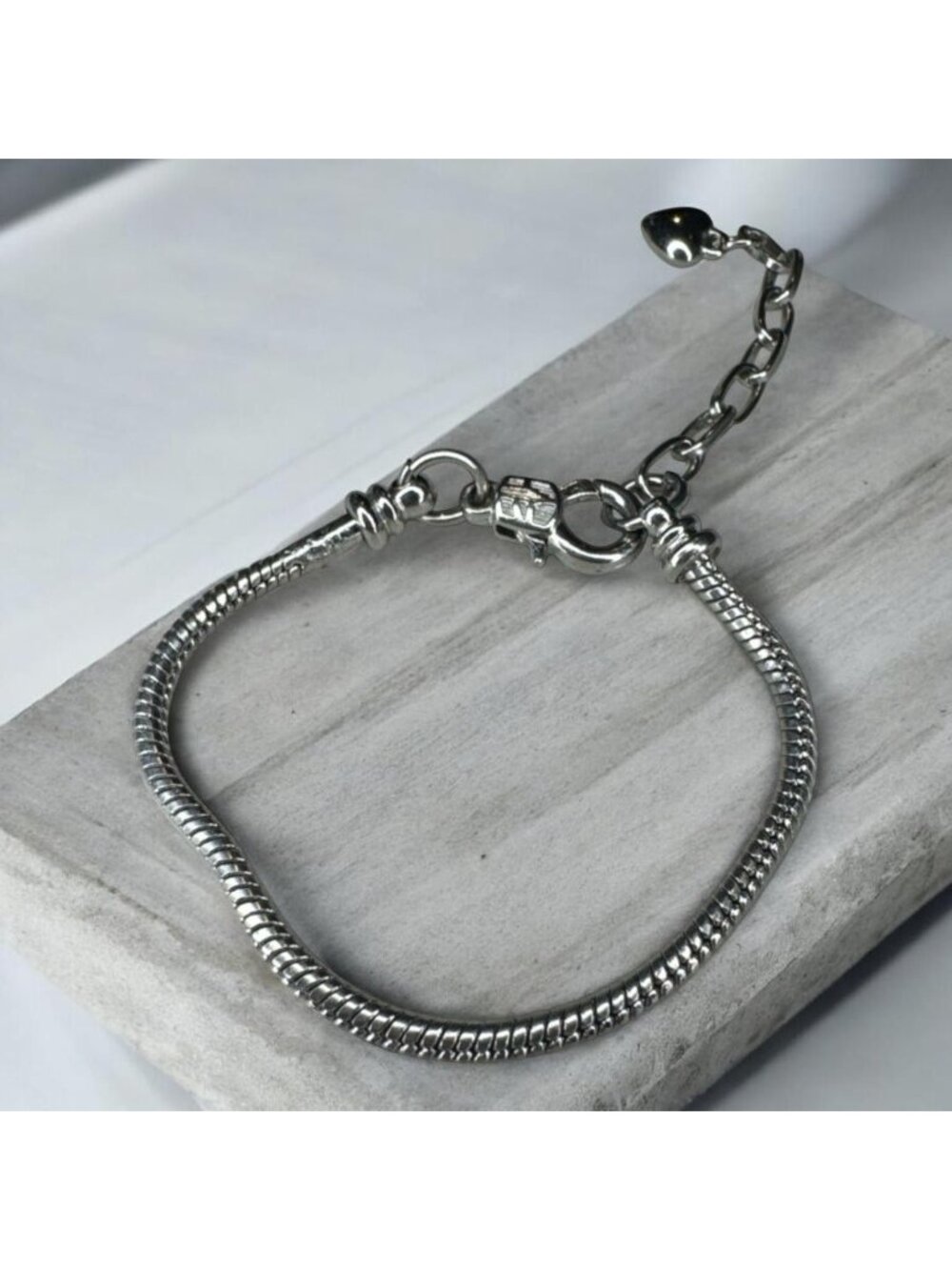 Silver Snake Chain Bracelet With Heart Charm Lobster Clasp Adjustable 5"-7"